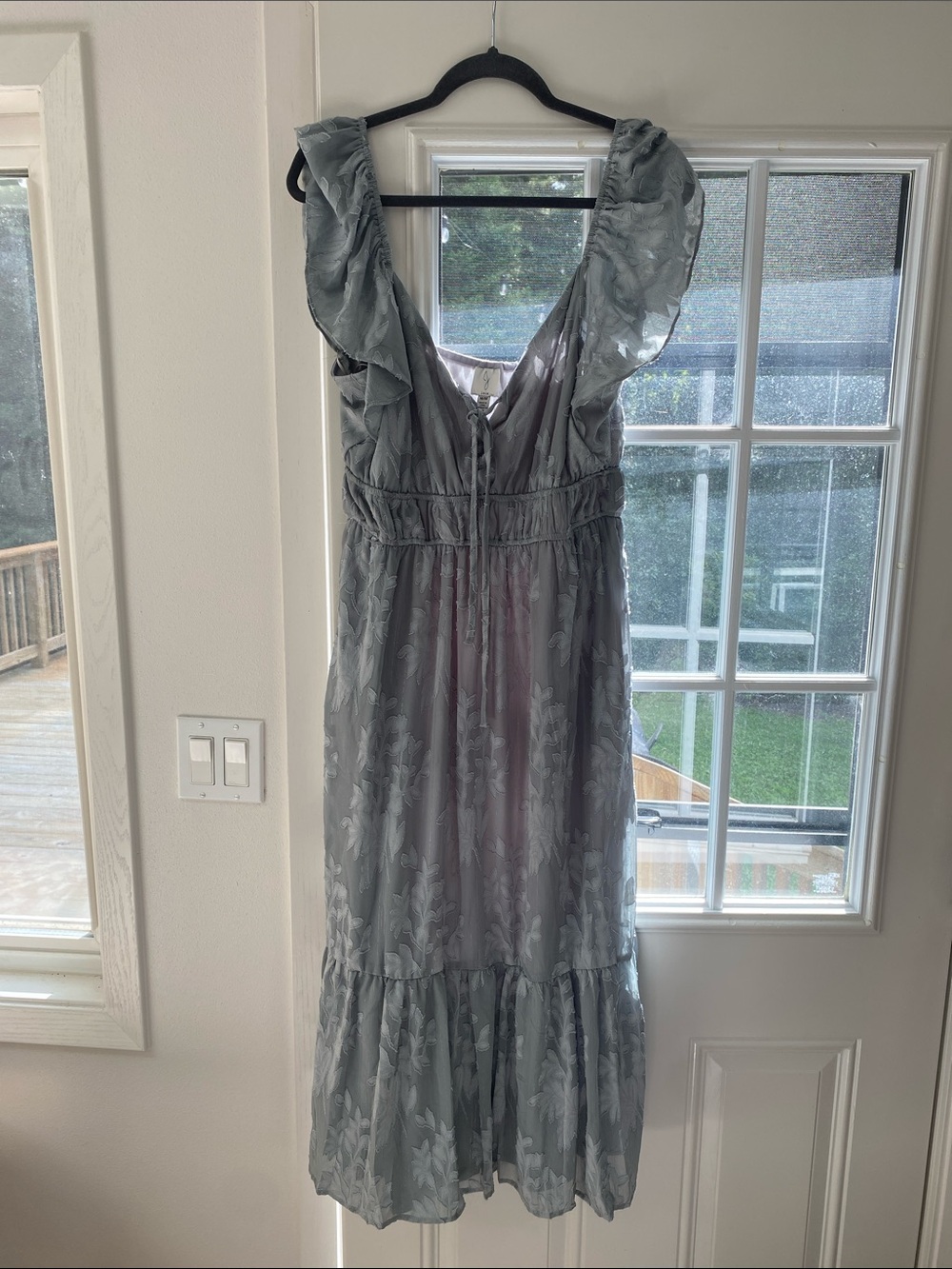 Light Gray Floral Midi Dress with Ruffle Sleeves